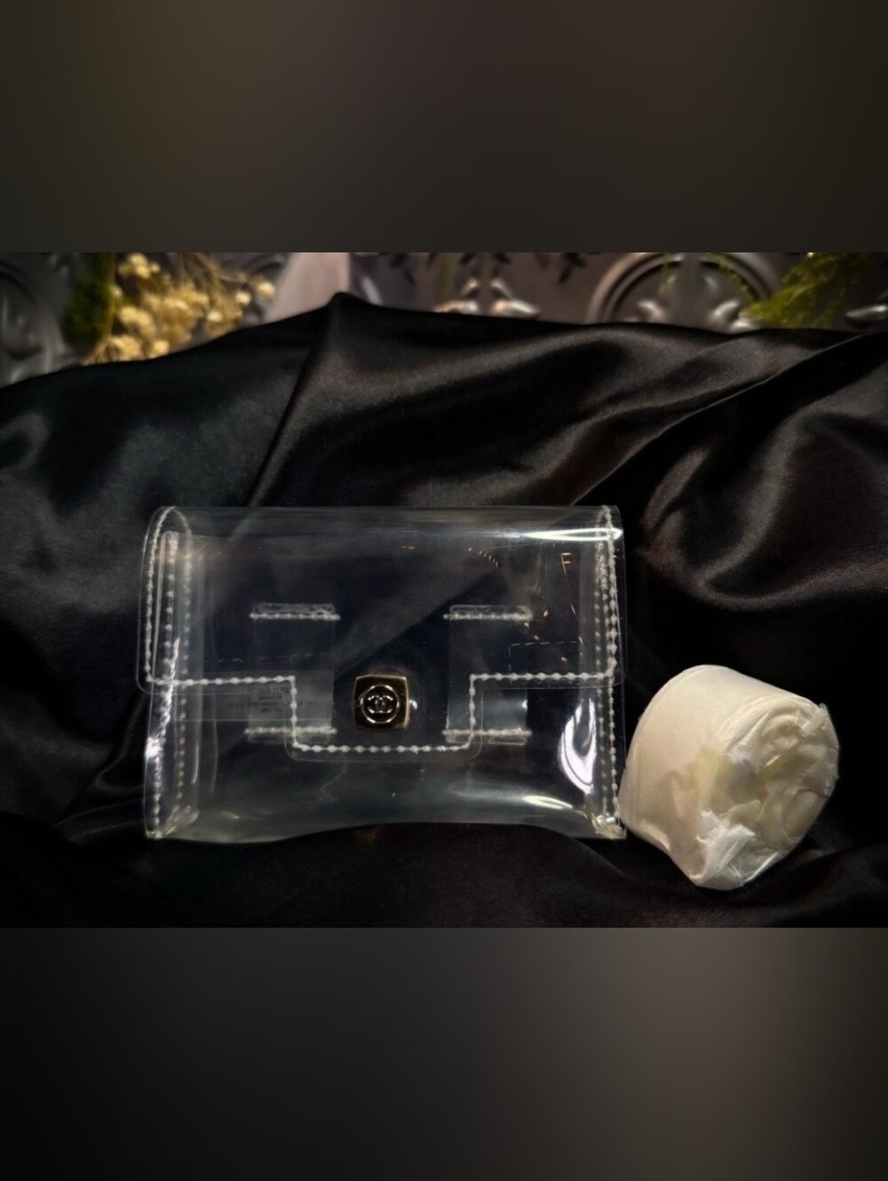 Chanel Cosmetic/Makeup Clear Bag;Transparent Cosmetic Pouch with CC Button;Belt